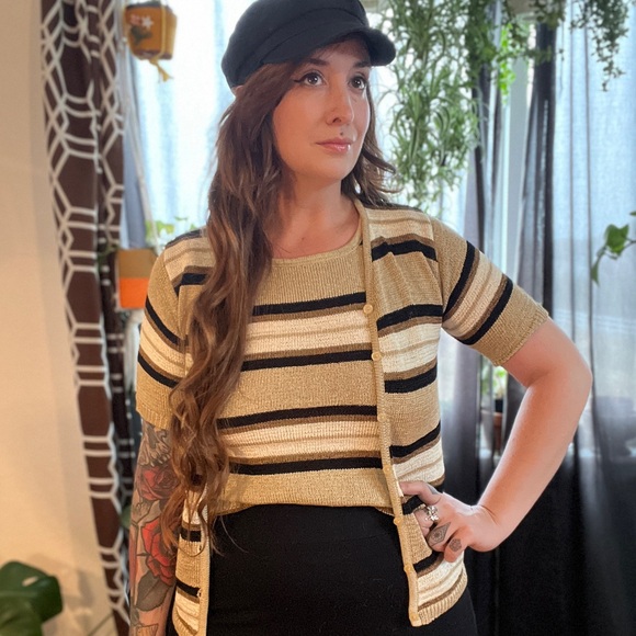 Sweaters - Vintage 60s Tally Ho knit tank and short sleeve cardigan set.